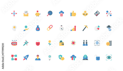 Decentralized digital technology, blockchain and cryptocurrency, data mining color icon set. Network, node and cube models, finance transaction and cryptography flat elements vector illustration