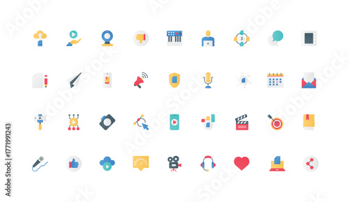 Photo and video project, audio content production color icon set. Digital product advertising and blog of influencer, online marketing and review in social media, flat elements vector illustration