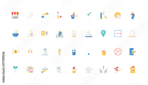 Restaurant food online order and delivery by courier color icon set. Dinner with pizza and meal on plate, waiter service and chefs dish review, coffee and beer flat elements vector illustration