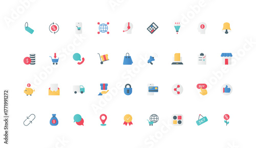 Ecommerce, marketing campaign for online store sales icon set. Buy button, shopping cart on mobile phone screen, operator support service, gift and order delivery flat elements vector illustration