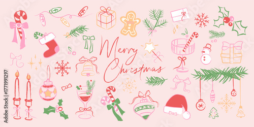 Set of hand drawn Merry Christmas doodles, cute holiday elements with crayon texture. Illustrations of candy cane, snowflake, candle, snowman, garland, bow, pine branch, decorations for winter design.
