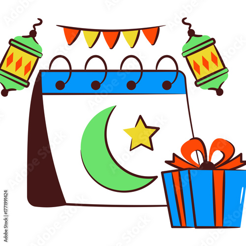 Star and moon on calendar denoting concept of eid calendar