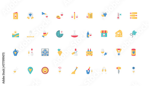 Wine making and winery, grape vine and leaf, sommelier color icon set. Bottle and glass of alcohol drink menu, barrel of cellar, luxury wine and champagne review flat elements vector illustration