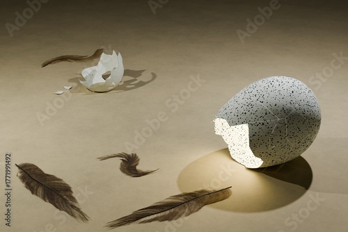 3d render of broken egg and scattered feathers