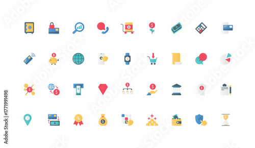 Economy, financial transfer, online bank payment and deposit color icon set. Money box and exchange, ATM and calculator, gold and diamond in safe, credit card flat elements vector illustration