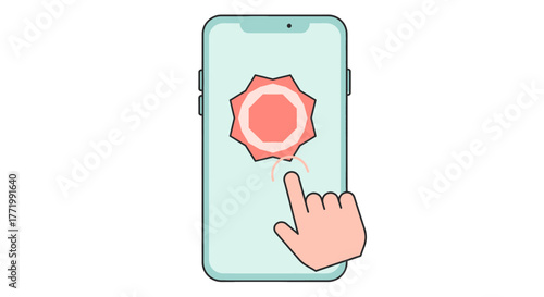 A human hand taps a vibrant red star-shaped notification icon displayed prominently on a sleek, light blue mobile phone screen.