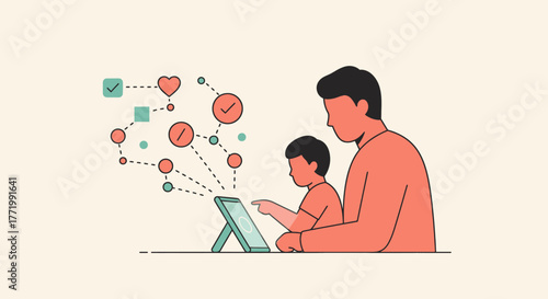 A parent and child are deeply engaged in an interactive digital learning experience on a tablet, exploring a network of educational concepts.