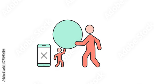 Two figures, an adult and a child, diligently collaborate to carry a large, heavy sphere, emphasizing teamwork and shared effort over digital distractions.