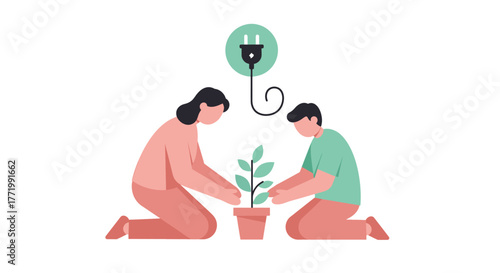 Two individuals diligently plant a sapling, symbolizing a shared commitment to fostering green energy solutions and nurturing a sustainable, eco-conscious future.