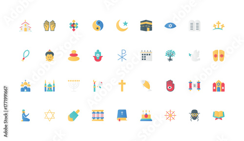 Religions of world, spirituality and faith color icon set. Religious holy symbols of Buddhism and Judaism, Christianity and Islam, church and mosque, prayer to god flat elements vector illustration
