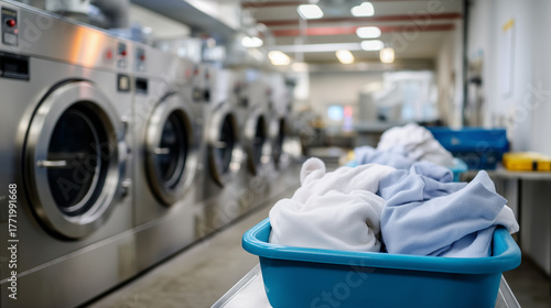 Row of industrial washing machines in professional laundry facility, clean white linens in cart, modern cleaning technology and hygiene service concept. industrial laundry, washing