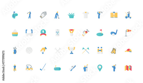 Golf club, sport tournament and leisure color icon set. Ball and hole, golf grass course and equipment of golfer, accessories of player, flag and cart, trophy cup flat elements vector illustration