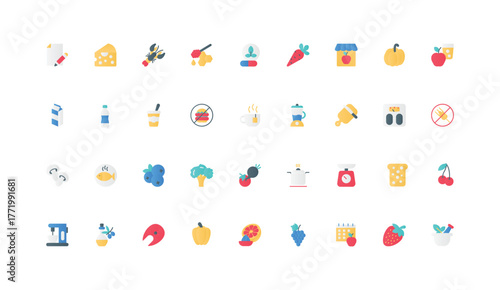 Healthy food, diet and nutrition planning, nutritionist service color icon set. Gluten free cooking, organic vegetables and fish, cheese from farm market, seafood flat elements vector illustration