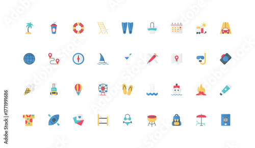 Travel, beach holidays and summer vacations, hotel tourism color icon set. Umbrella and palm tree of tropical island, bikini and picnic food, airplane, sunscreen flat elements vector illustration