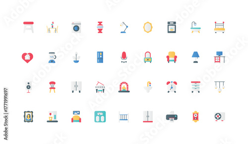 Home furniture, sanitary equipment and interior decor items color icon set. Sofa and armchair, air conditioning and lighting, green plants and vase for comfort flat elements vector illustration