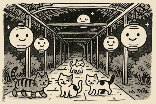 Moonlit Lantern Pathway. A doodle illustration of a moonlit xystus, where glowing lanterns with faces smile along the covered path