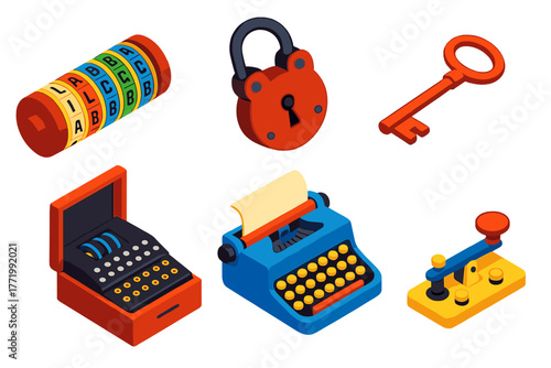 Cryptography Through Time. Isometric vector illustration set Cryptography History: ancient cipher, old lock, iron key, enigma