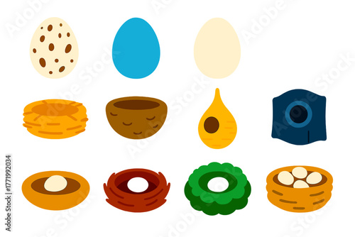 Bird Eggs and Nests. Flat vector icons of bird eggs and nests: speckled egg, blue robin egg, goose egg, swan egg, straw nest, mud