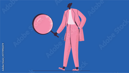 Abstract business character holding magnifying glass symbolizing analysis, research, and investigation