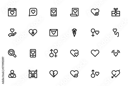 Love icon set. Vector illustration pack. Featuring smbols for romance, heart, edding, gift, bouquet, coule, dating, Valentine and ore. Editable stroke.