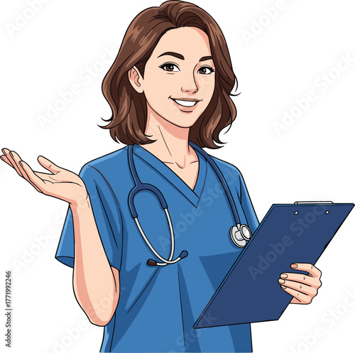 Cartoon healthcare professional, nurse or doctor character, blue scrubs, stethoscope, clipboard pose, smiling medical worker, hospital staff, vector art, education
