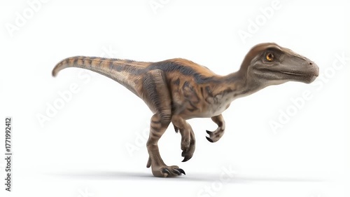 Realistic 3D Render of a Velociraptor Dinosaur on White.
