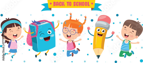 Cheerful Multicultural Kids Celebrating Christmas on Giant Pencil: Diverse Children in Holiday Costumes with Balloons and Learning Elements