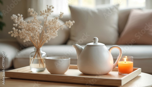 Wallpaper Mural Ceramic teapot and cup on wooden tray with dried flowers and candle. Cozy hygge style living room interior. Relaxing warm ambiance and comfortable home. Torontodigital.ca