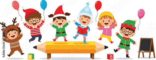 Cheerful Multicultural Kids Celebrating Christmas on Giant Pencil: Diverse Children in Holiday Costumes with Balloons and Learning Elements