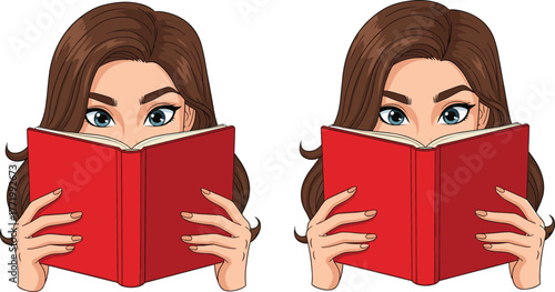 Cartoon person reading book, blue eyes, red book cover, focused expression, literary theme, education concept, character illustration, vector art, study pose