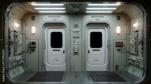 Interior of a futuristic spacecraft or space station showing two hermetic doors. Spaceship corridor design concept for sci-fi and astronaut exploration.