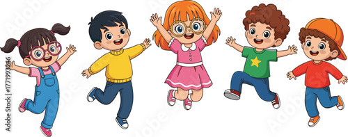 Happy Multicultural Kids Jumping: Cheerful Diverse Children Celebrating Joy and Playfulness with Arms Raised on White Background