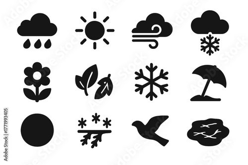 Seasonal Icons Collection. Solid style icons of seasonal weather: spring rain, summer sun, autumn wind, winter snow, blooming