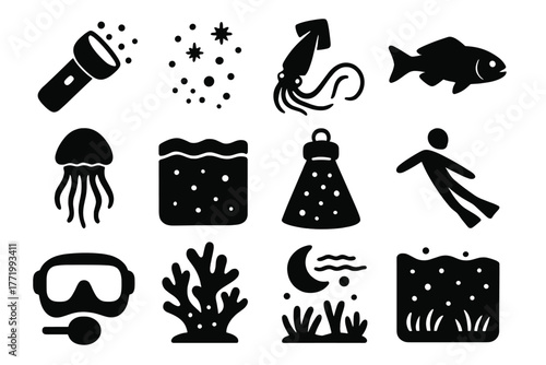 Night Diving Icons. Solid style icons of night diving: flashlight, glowing plankton, squid, nocturnal fish, jellyfish, dark water,