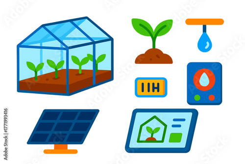 Smart Greenhouse Icons. Isometric vector illustration set Smart Greenhouse: glass panel walls, fresh sprout, automated watering
