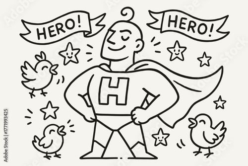 Heroic Eidolon Celebration. A doodle illustration of an idealized hero-shaped eidolon, surrounded by joyful banners, giggling