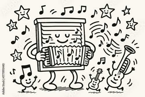 Musical Jalousie Window. A doodle illustration of a jalousie window playing an accordion, its slats moving like musical notes,