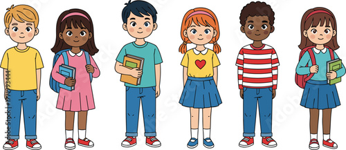 Cartoon school children standing, diverse student group, educational illustration, kids with books, colorful outfits, classroom concept, learning theme, vector art