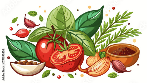 Very beautiful arrangement of spices, fresh basil herbs, and ripe tomato on a clean white background, perfect for food blogs, banners, and culinary design projects with a fresh Mediterranean aesthetic
