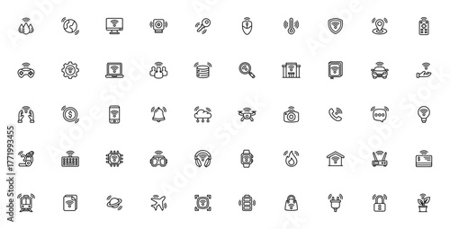 Internet of Things icon set. IoT vector icons pack. inimal outline symbols forsmart devices, connectivit, technology, security, daa and more. Editable vecto.