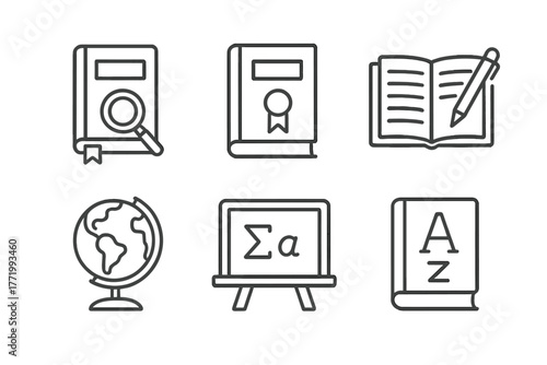 Academic Line Icons. Line style icons of academic library: research journal, thesis, lecture notes, globe, chalkboard, dictionary.