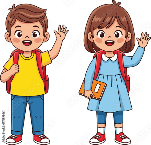 Cartoon school children waving, cheerful student characters, backpack and book, educational illustration, friendly pose, learning theme, classroom concept, vector art