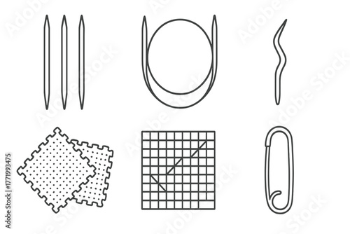 Advanced Knitting Tools. Line style icons of advanced knitting: double-pointed needles, circular needles, cable needle, blocking