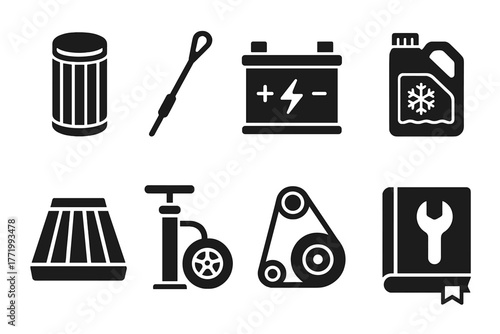 Car Maintenance Icons. Solid style icons of Car Maintenance: oil filter, dipstick, battery, coolant jug, air filter, tire pump,