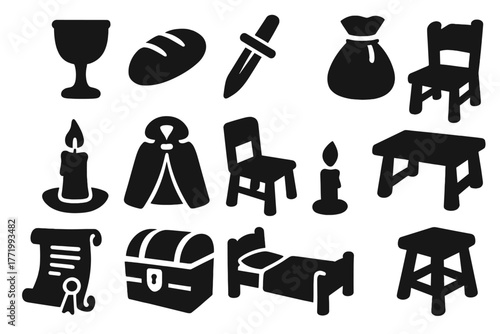 Knight's Daily Essentials. Solid style icons of knight’s daily life: goblet, loaf of bread, dagger, pouch, candle, cloak, chair,