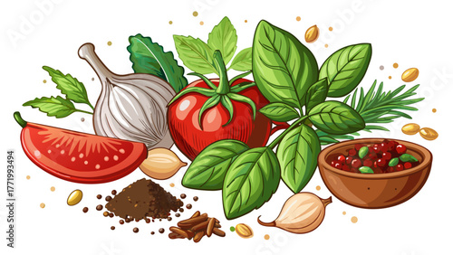 Very beautiful arrangement of spices, fresh basil herbs, and ripe tomato on a clean white background, perfect for food blogs, banners, and culinary design projects with a fresh Mediterranean aesthetic