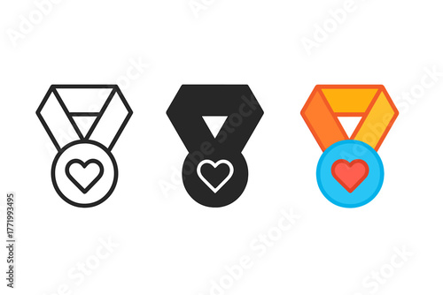 Heart Medal Icons. Minimalist like medal icon: three identical ribbon medals with heart symbols inside in a row, first in line