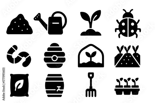 Organic Farming Icons. Solid style icons of organic farming: compost pile, water can, sprout, ladybug, worm, beehive, greenhouse,