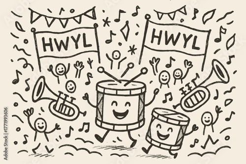 Festive Parade Doodle. A doodle scene of a lively festival parade filled with hwyl, with smiling drums, trumpets, and banners
