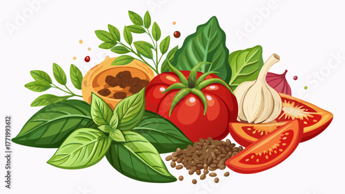 Very beautiful arrangement of spices, fresh basil herbs, and ripe tomato on a clean white background, perfect for food blogs, banners, and culinary design projects with a fresh Mediterranean aesthetic